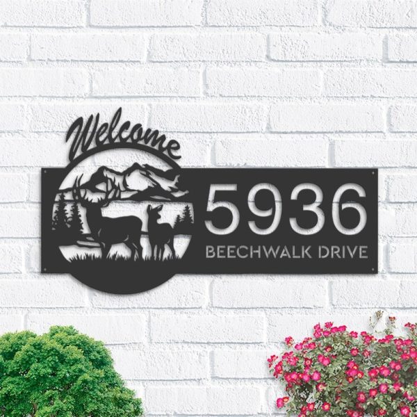 DINOZOZO Personalized Deer Buck Forest Welcome Address Sign Custom Metal Signs
