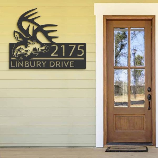 DINOZOZO Personalized Deer Buck Head Mountain Scene Address Sign Custom Metal Signs