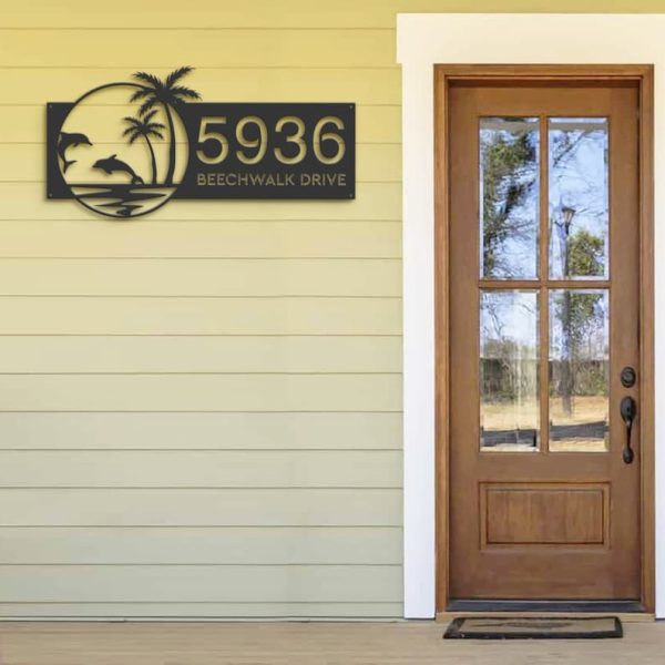 DINOZOZO Personalized Dolphins Palm Trees Beach House Address Sign Custom Metal Signs