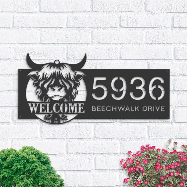 DINOZOZO Personalized Highland Cow Farmhouse Address Sign Custom Metal Signs