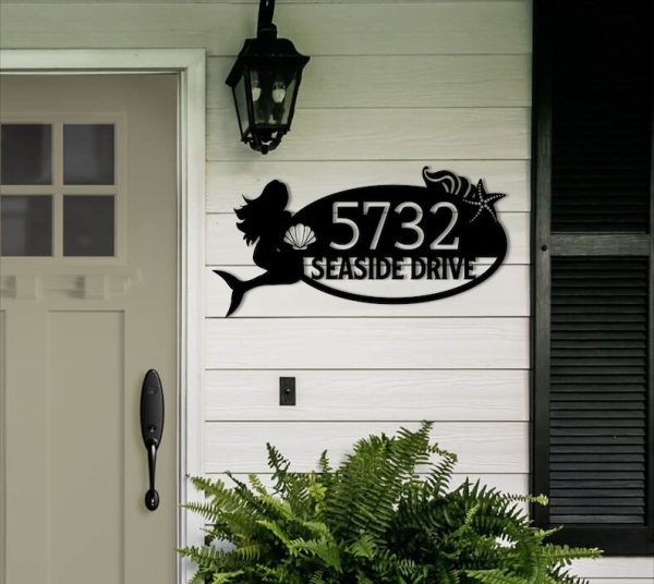 DINOZOZO Personalized Mermaid Nautical Coastal Beach House Address Sign Custom Metal Signs