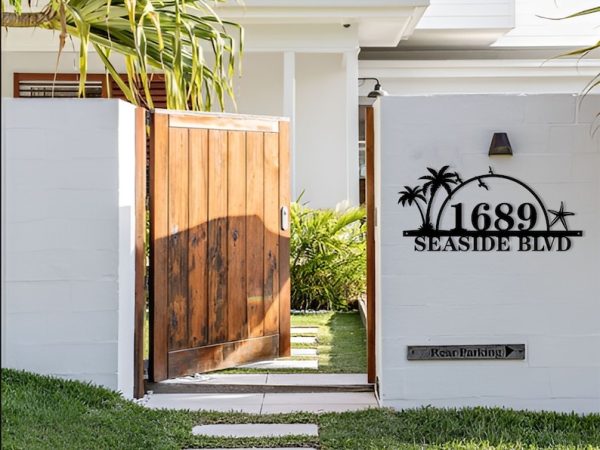 DINOZOZO Personalized Palm Tree Coastal Beach House Address Sign Custom Metal Signs