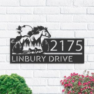 DINOZOZO Personalized Running Horse Mountain Forest Scene Address Sign Custom Metal Signs1