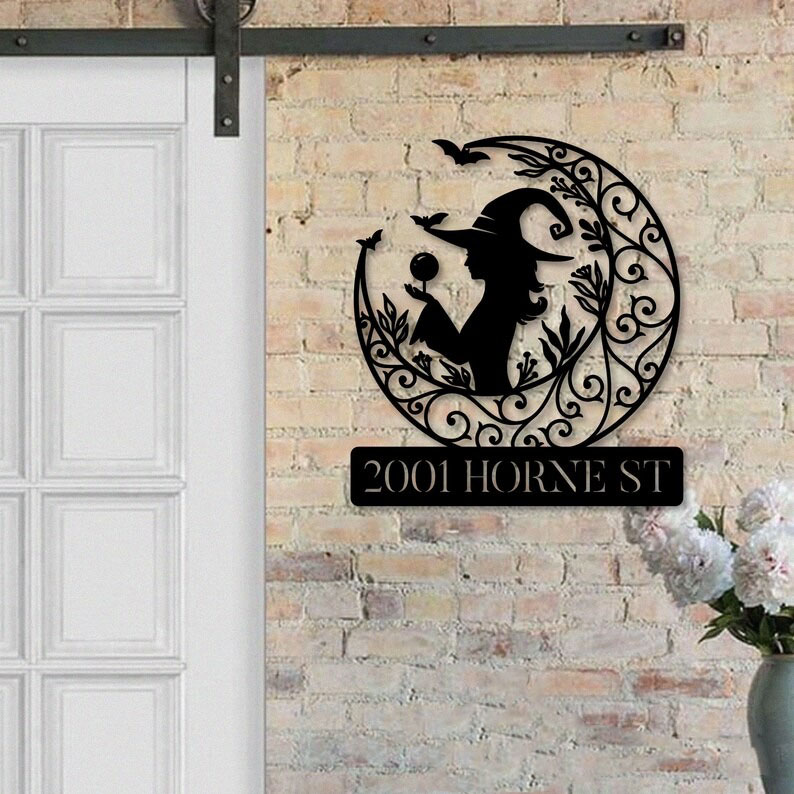 DINOZOZO Personalized Witch on Crescent Moon Address Sign Custom Metal Signs2