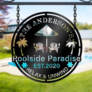 DINOZOZO Pool Signs Poolside Paradise Oasis Pool Entryway Sign New Pool Gift Custom Metal Signs