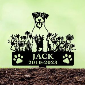 DINOZOZO Russell Terrier Dog Grave Marker Garden Stakes Dog Sympathy Gift Cemetery Decor Memorial Custom Metal Signs