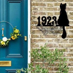 DINOZOZO Sitting Cat And Flower Address Sign House Number Plaque Custom Metal Signs