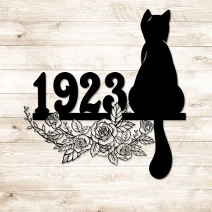 DINOZOZO Sitting Cat And Flower Address Sign House Number Plaque Custom Metal Signs2