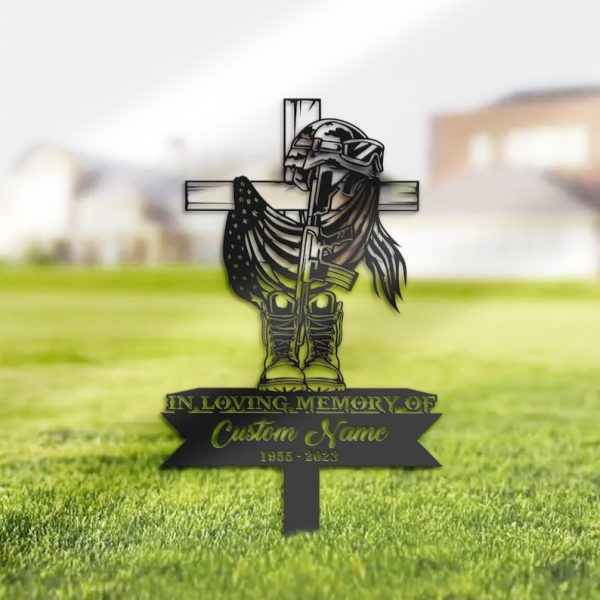 DINOZOZO USA Veteran Fallen Soldier Grave Marker Memorial Sign with Stake Sympathy Gifts for Loss of Loved One Custom Metal Signs