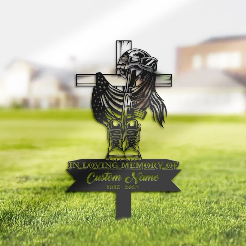 DINOZOZO USA Veteran Fallen Soldier Grave Marker Memorial Sign with Stake Sympathy Gifts for Loss of Loved One Custom Metal Signs2