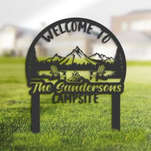 DINOZOZO Welcome to Our Campsite Camping Trailer Sign with Stake Camper RV Decor Camping Custom Metal Signs