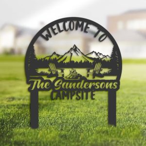 DINOZOZO Welcome to Our Campsite Campfire Sign with Stake Camper RV Decor Camping Custom Metal Signs