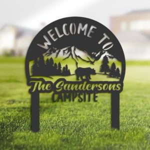 DINOZOZO Welcome to Our Campsite Sign with Stake Bear and Mountain Landscape Camper RV Decor Camping Custom Metal Signs