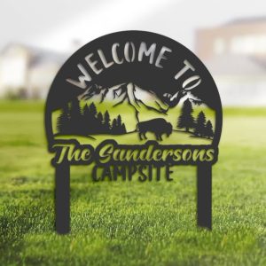 DINOZOZO Welcome to Our Campsite Sign with Stake Bison and Mountain Landscape Camper RV Decor Camping Custom Metal Signs