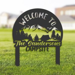 DINOZOZO Welcome to Our Campsite Sign with Stake Camping Tent and Mountain Landscape Camper RV Decor Camping Custom Metal Signs