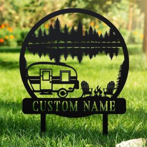 DINOZOZO Welcome to Our Campsite Sign with Stake Camping Trailer Happy Campers Camper RV Decor Camping Custom Metal Signs