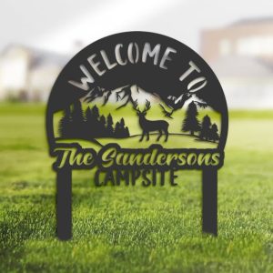 DINOZOZO Welcome to Our Campsite Sign with Stake Deer and Mountain Landscape Camper RV Decor Camping Custom Metal Signs