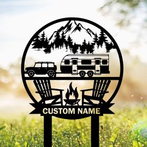 DINOZOZO Welcome to Our Campsite Sign with Stake Mountain Scene Travel Trailer Camper RV Decor Camping Custom Metal Signs