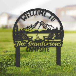 DINOZOZO Welcome to Our Campsite Sign with Stake Wild Natural Landscape Camper RV Decor Camping Custom Metal Signs