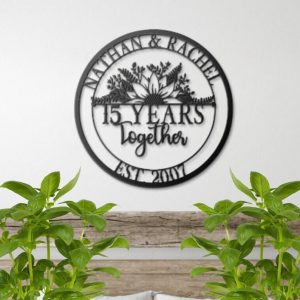 DINOZOZO 15th Anniversary Gift Sunflower Monogram Parents 15 Years Together Valentine’s Day Crystal Anniversary Custom Metal Signs