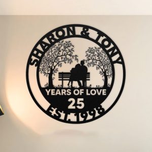 DINOZOZO 25 Years Of Love Couple Sitting On Bench Valentine’s Day 25th Wedding Anniversary Gift Custom Metal Signs