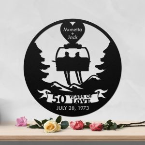 DINOZOZO 50 Years Of Love Couple Ski On Chairlift Parents Valentines Day 50th Golden Wedding Anniversary Gift Custom Metal Signs