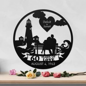 DINOZOZO 60 Years Of Love Couple Sitting On Bench Lighthouse Parents Valentines Day 60th Wedding Anniversary Gift Custom Metal Signs