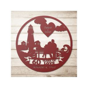 DINOZOZO 60 Years Of Love Couple Sitting On Bench Lighthouse Parents Valentines Day 60th Wedding Anniversary Gift Custom Metal Signs5