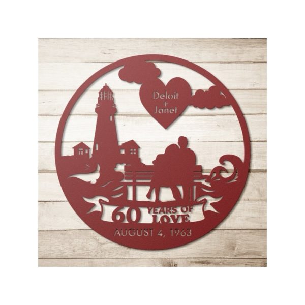 DINOZOZO 60 Years Of Love Couple Sitting On Bench Lighthouse Parents Valentine’s Day 60th Wedding Anniversary Gift Custom Metal Signs