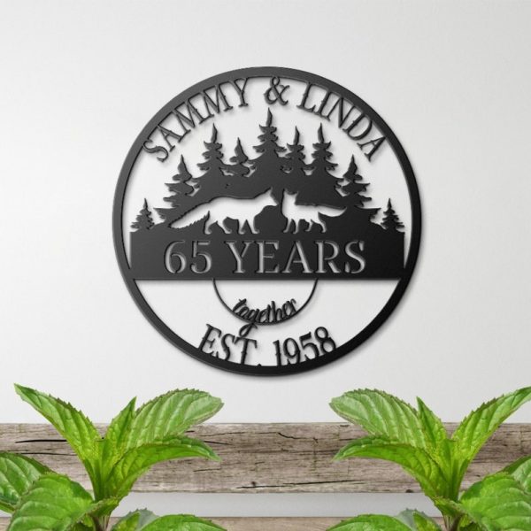 DINOZOZO 65th Anniversary Gift Fox Couple Monogram Parents 65 Years Together Valentine’s Day Blue Sapphire Anniversary Custom Metal Signs