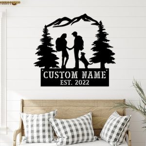 DINOZOZO Couple Hiking With Dogs Mountain Climbing Hiker Anniversary Valentines Day Gift for Her Him Custom Metal Signs 2