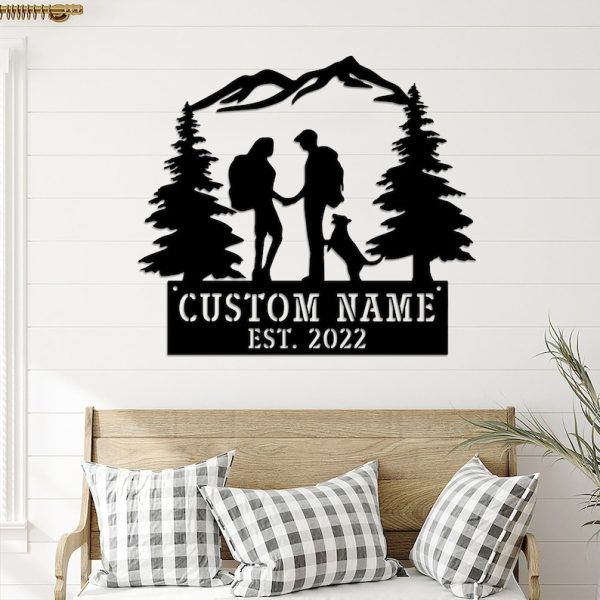DINOZOZO Couple Hiking With Dogs Mountain Climbing Hiker Anniversary Valentine’s Day Gift for Her Him Custom Metal Signs