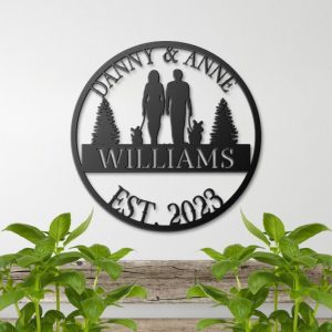 DINOZOZO Couple Walking With Dogs Anniversary Valentine’s Day Gift for Her Him Custom Metal Signs