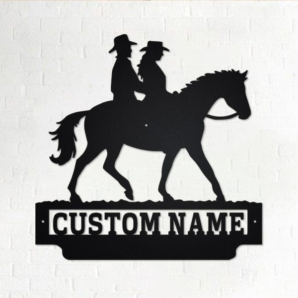 DINOZOZO Cowboy and Cowgirl Riding a Horse Custom Names Valentine’s Day Engagement Wedding Anniversary Gift Custom Metal Signs