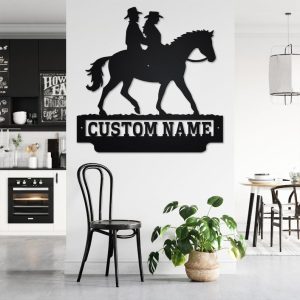 DINOZOZO Cowboy and Cowgirl Riding a Horse Custom Names Valentines Day Engagement Wedding Anniversary Gift Custom Metal Signs3