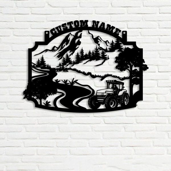 DINOZOZO Farm Scene Tractor on Field Pine Forest and Mountain Custom Metal Signs Gift for Farmer