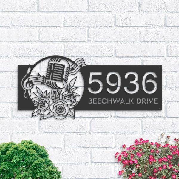 DINOZOZO Floral Microphone Address Sign House Number Plaque for Vocal Teacher Recording Studio Business Custom Metal Signs