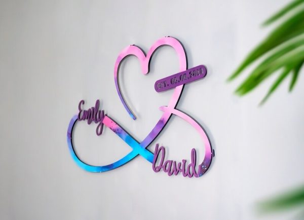 DINOZOZO Heart and Infinity Sign Pink and Blue Couple Anniversary Valentine’s Day Gift for Her Him Custom Metal Signs