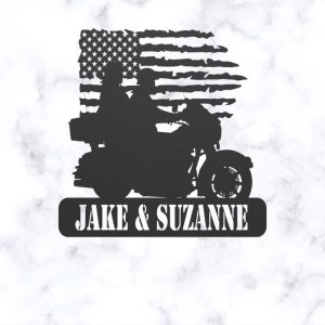 DINOZOZO Sport Bike Couple Motorcycle Rider American Flag V2 Wedding Valentines Day Anniversary Gift Custom Metal Signs