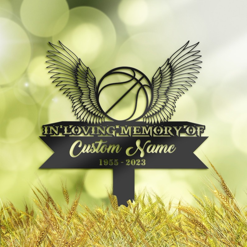 DINOZOZO Memorial Stake for Outdoors Basketball Angel Wings Basketball Player Grave Marker Custom Metal Signs2