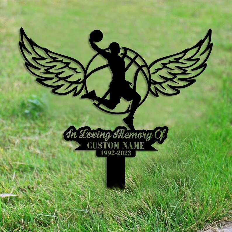 DINOZOZO Memorial Stake for Outdoors Basketball Player Grave Marker Basketball Sympathy Gifts for Loss of Loved One Custom Metal Signs4