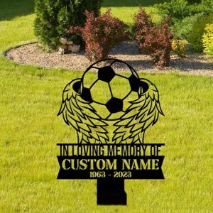 DINOZOZO Memorial Stake for Outdoors Soccer Player Football Player Grave Marker Angel Wings Soccer Sympathy Gifts Custom Metal Signs