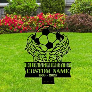 DINOZOZO Memorial Stake for Outdoors Soccer Player Football Player Grave Marker Angel Wings Soccer Sympathy Gifts Custom Metal Signs