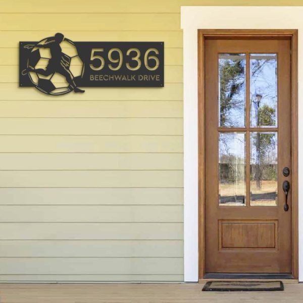 DINOZOZO Soccer Address Sign Soccer Player House Number Plaque Custom Metal Signs