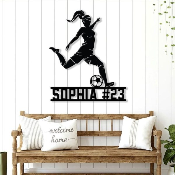 DINOZOZO Soccer Girl with Name and Number Kids Room Decor Custom Metal Signs