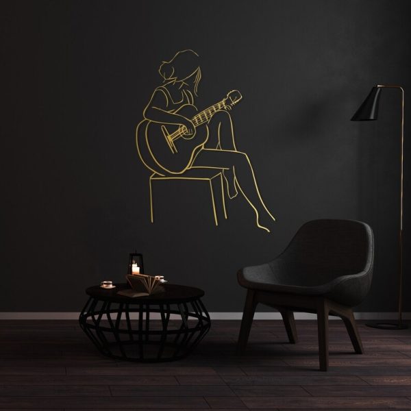 DINOZOZO Woman Playing Guitar Minimalist Line Art Geometric Music Room Recording Studio Business Custom Metal Signs