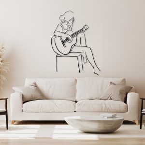 DINOZOZO Woman Playing Guitar Minimalist Line Art Geometric Music Room Recording Studio Business Custom Metal Signs3