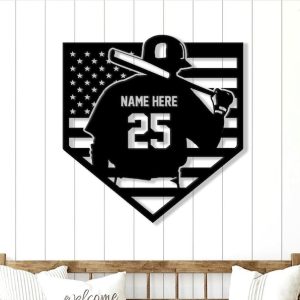 DINOZOZO US Flag Baseball Player Name and Number Homebase Custom Metal Signs