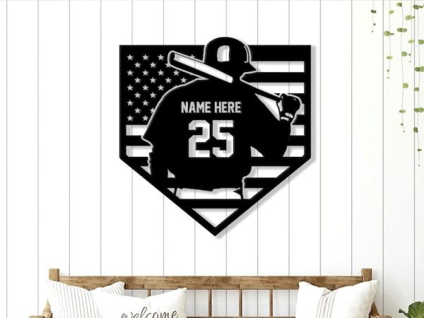 DINOZOZO US Flag Baseball Player Name and Number Homebase Custom Metal Signs