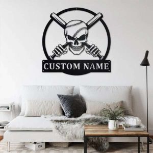 Personalized Baseball Skull Metal Wall Art Custom Baseball Player Name Sign Decor for Room 2 600x600 1